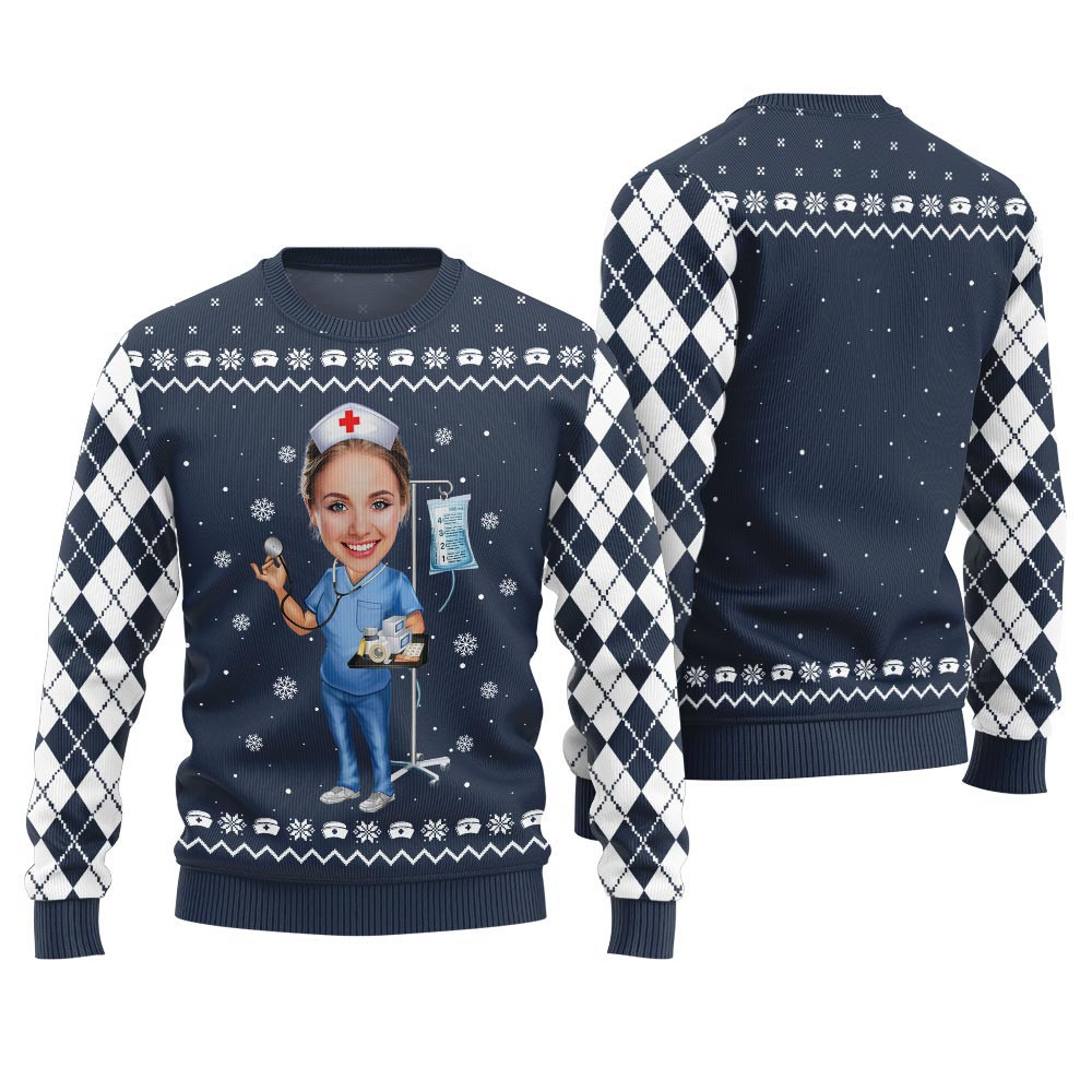Custom Face Nurse Funny Ugly Christmas Sweater Navy