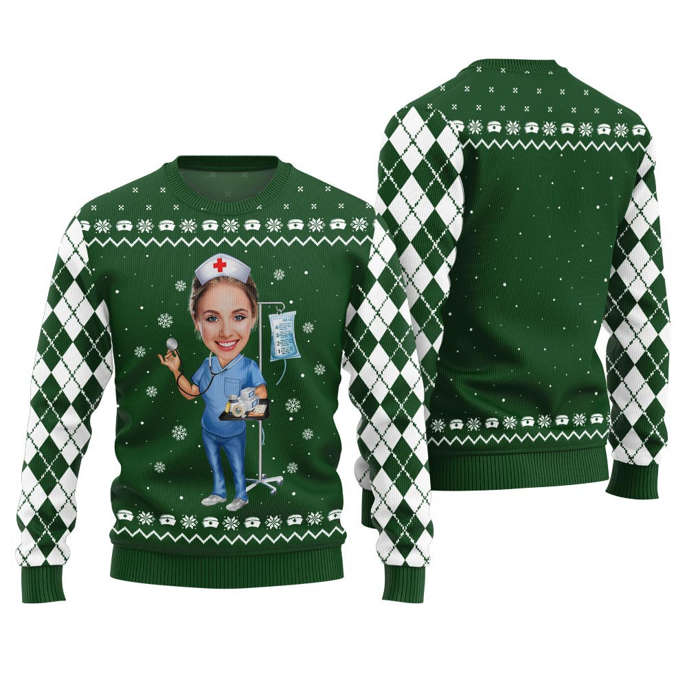Custom Face Nurse Ugly Christmas Sweater Green Funny Christmas Sweaters