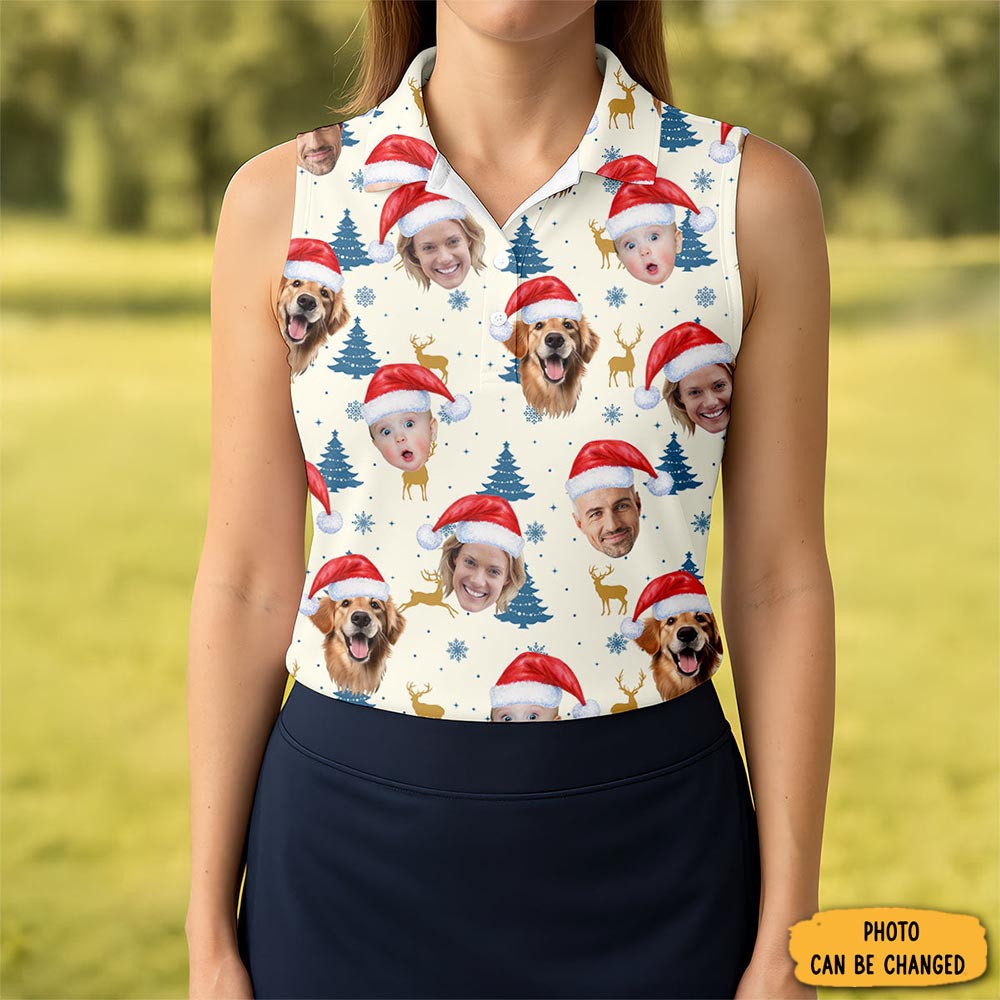 Custom Face Pine Tree Pattern Beige And Navy Christmas Golf Shirt Ladies Golf Shirts Golf Gifts For Women