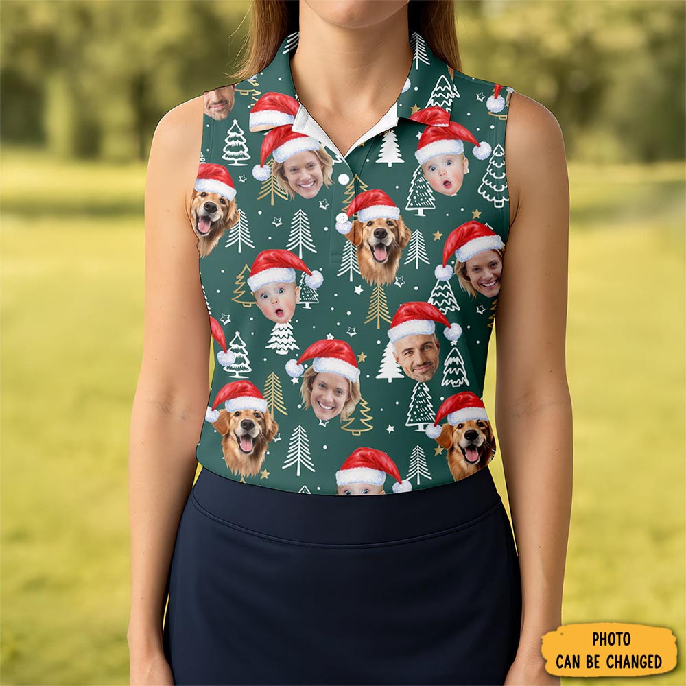 Custom Face Pine Tree Pattern Dark Green Christmas Golf Shirt Ladies Golf Shirts Golf Gifts For Women