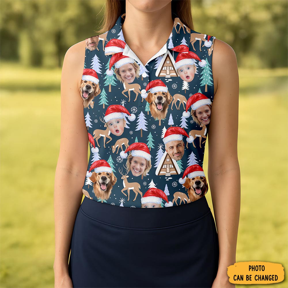 Custom Face Pine Tree Reindeer Dark Teal Green Christmas Golf Shirt Golf Gifts For Women