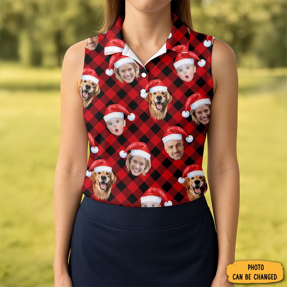 Custom Face Red And Black Checkered Christmas Golf Shirt Women S Golf Tops Ladies Golf Shirts
