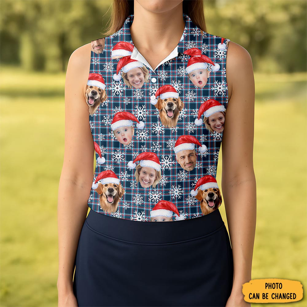 Custom Face Red And Blue Plaid Snowflakes Print Christmas Golf Shirt Ladies Golf Tops Golf Gifts For Women