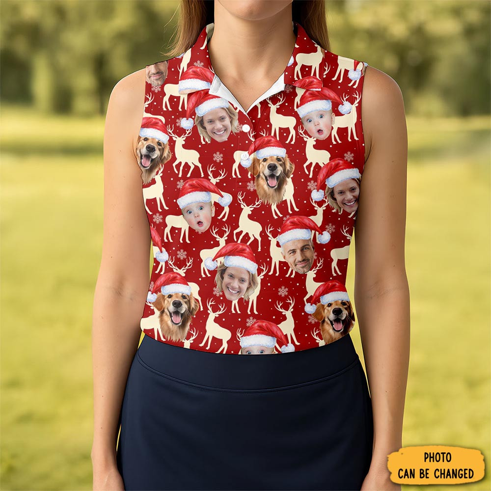 Custom Face Reindeer Pattern Beige And Red Christmas Golf Shirt Ladies Golf Shirts Golf Gifts For Women