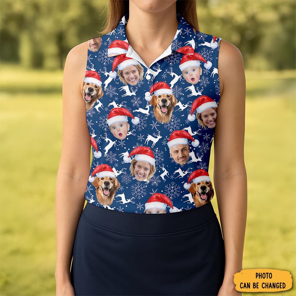 Custom Face Reindeer Pattern Navy Golf Shirt Christmas Golf Shirt Women S Golf Tops Golf Gift For Ladies