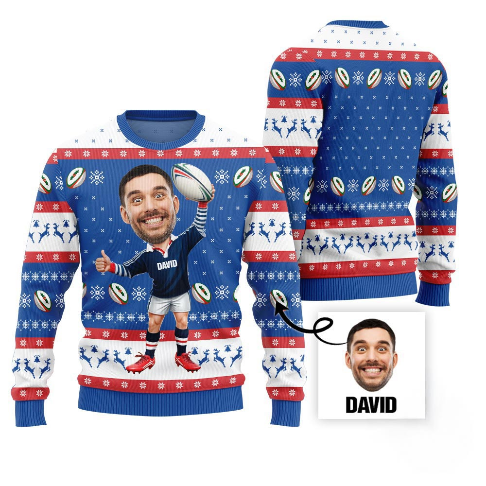 Custom Face Rugby Player Ugly Christmas Sweater Funny Holiday Sweater