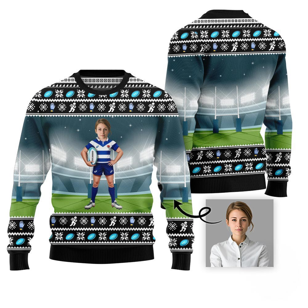 Custom Face Rugby Player Ugly Holiday Sweater Christmas Gift Ideas For Wife