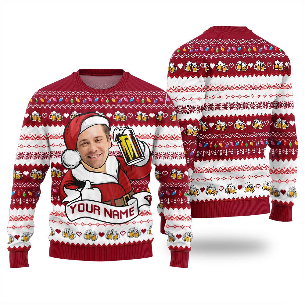 Custom Face Santa Drinking Beer Ugly Christmas Sweater Unisex Secret Santa Gifts For Her