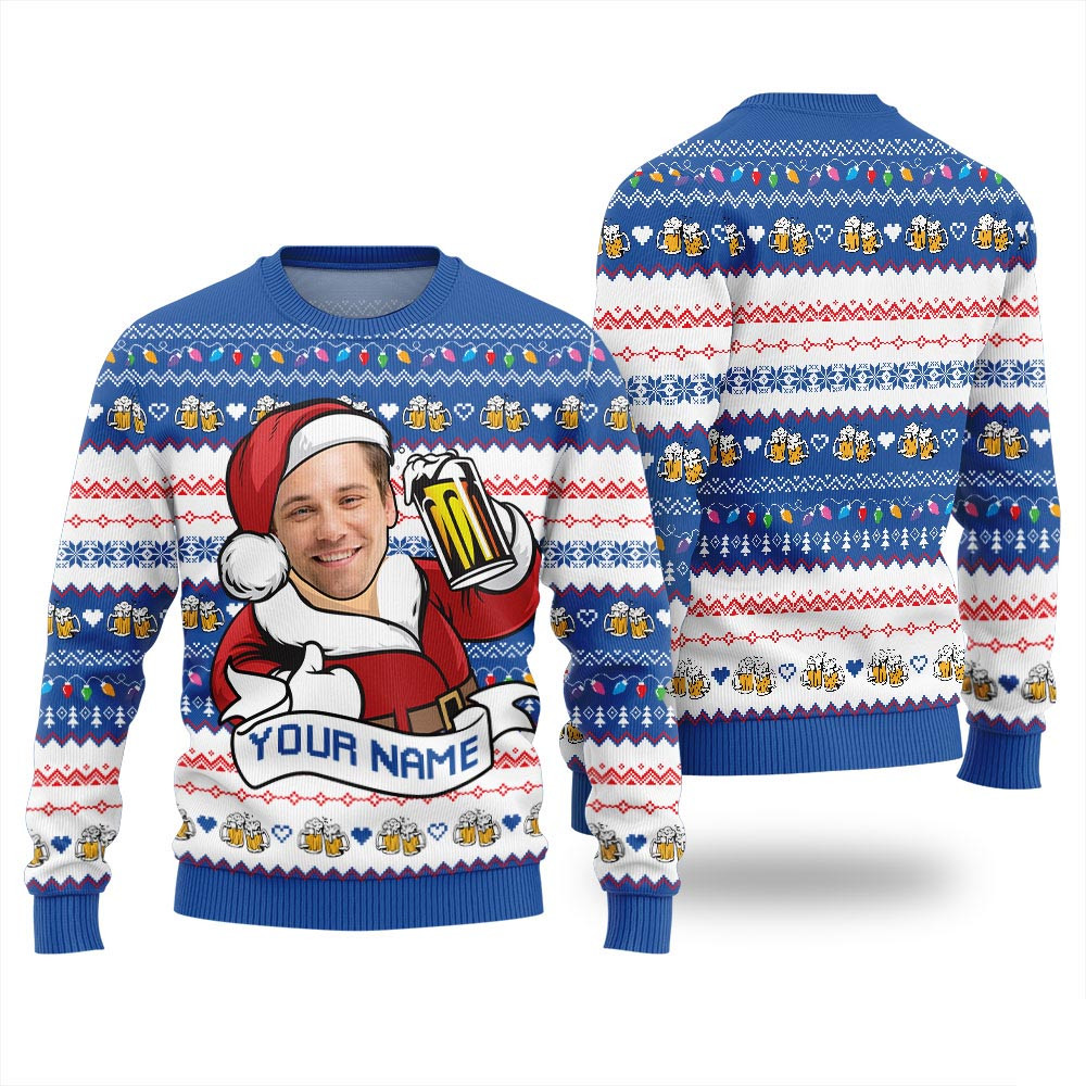 Custom Face Santa Drinking Beer Womens Ugly Christmas Sweater Christmas Gift Ideas For Wife