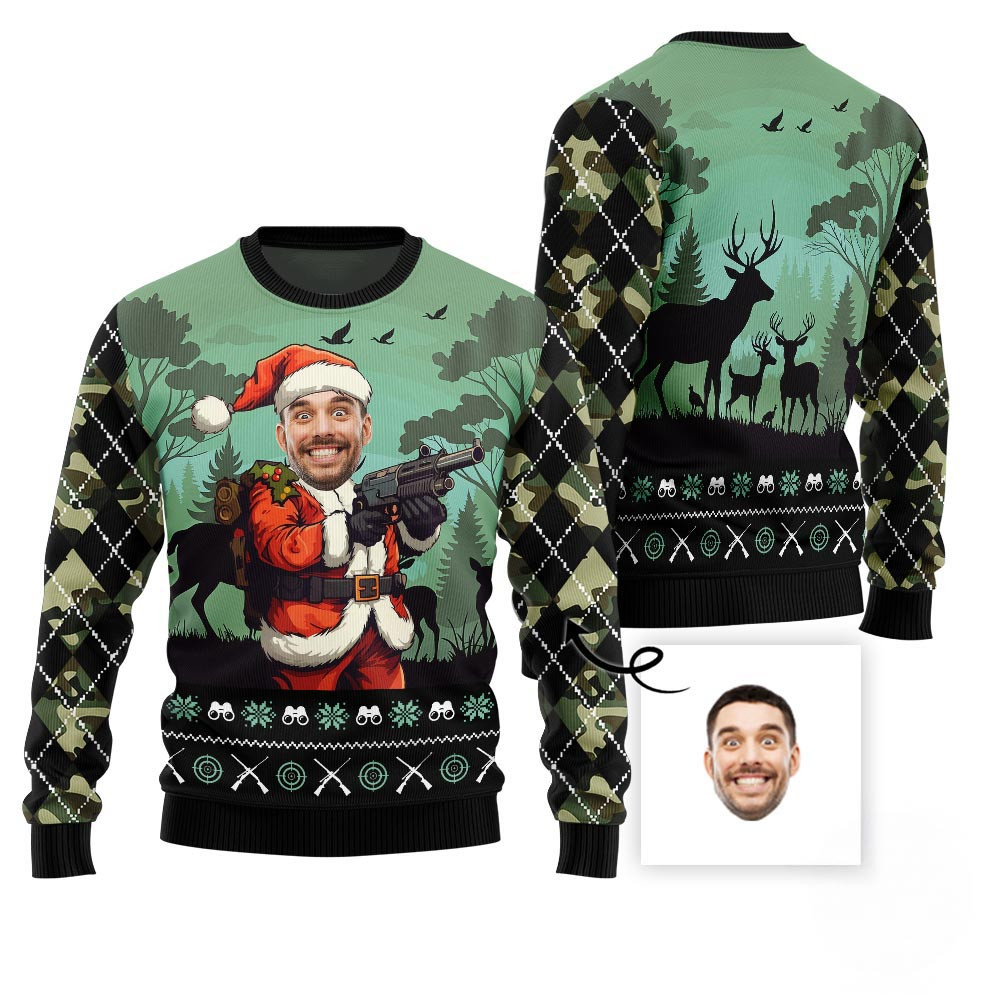 Custom Face Santa Hunting Christmas Sweater For Men Funny Ugly Christmas Sweater