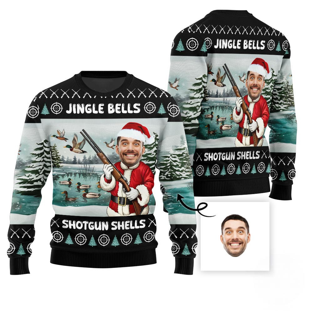 Custom Face Santa Hunting Jingle Bell Xmas Sweater Men Christmas Sweater Gift