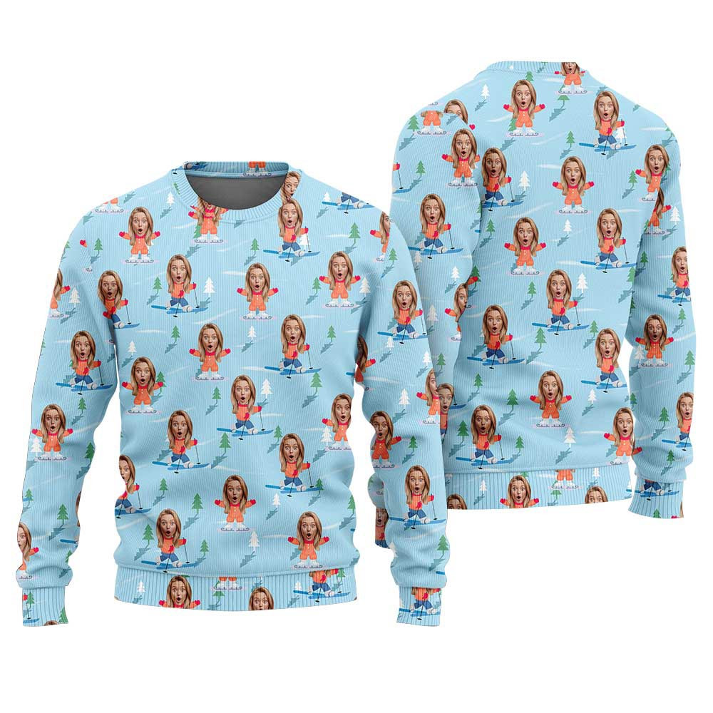 Custom Face Skiing Ugly Christmas Sweater Baby Blue Christmas Gift Ideas For Mom