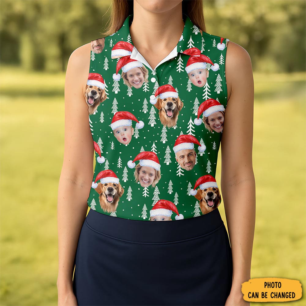 Custom Face Snow Pine Tree Green Golf Shirt Christmas Golf Shirt Women S Golf Tops Golf Gift For Ladies