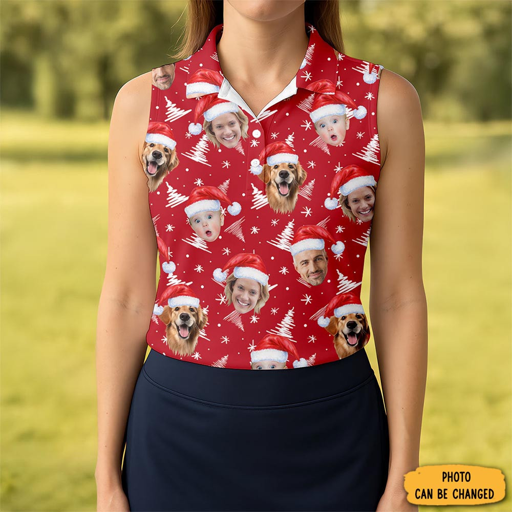 Custom Face Snow Pine Tree Red Golf Shirt Christmas Golf Shirt Ladies Golf Shirts Golf Gifts For Women