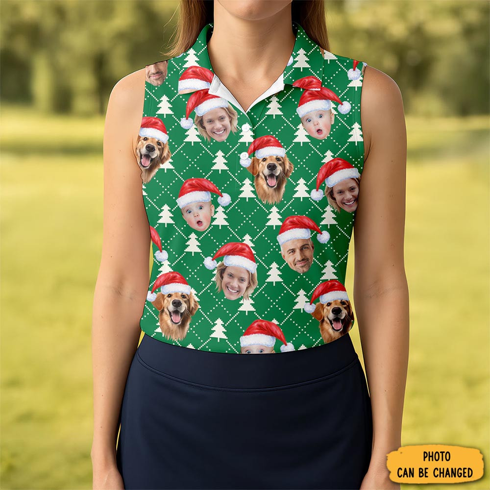 Custom Face Snow Pine Tree White Dotted Christmas Golf Shirt Ladies Golf Shirts Golf Gifts For Women