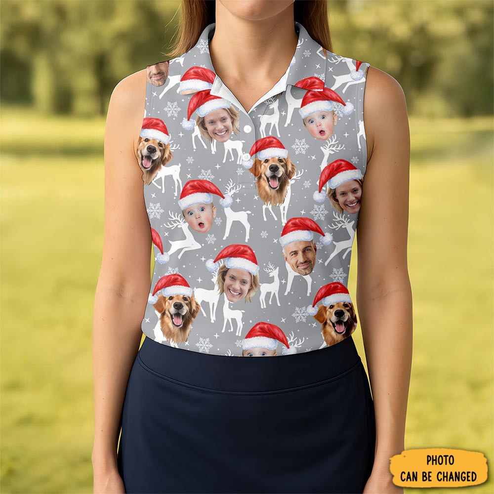 Custom Face Snow Reindeer Grey Golf Shirt Christmas Golf Shirt Ladies Golf Shirts Golf Gifts For Women