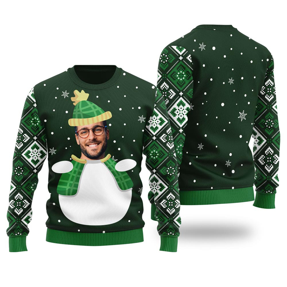 Custom Face Snowman Custom Ugly Christmas Sweater Forest Green Secret Santa Gifts For Her