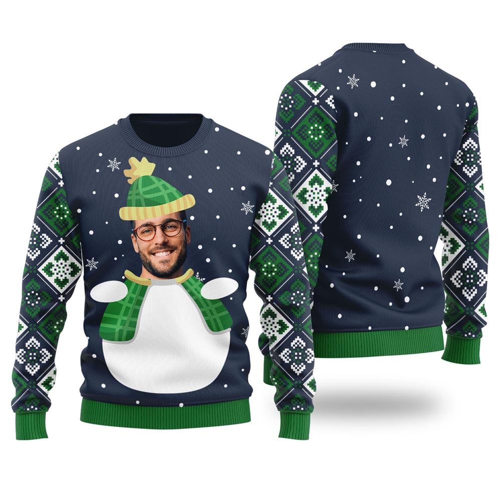 Custom Face Snowman Custom Ugly Christmas Sweater Navy Funny Ugly Christmas Sweater