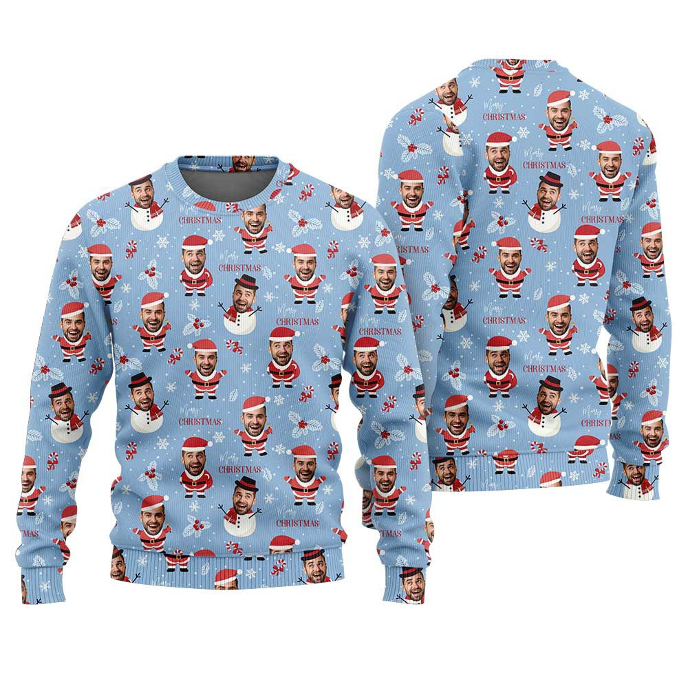 Custom Face Snowman Funny Christmas Sweater Blue Family Gifts For Christmas