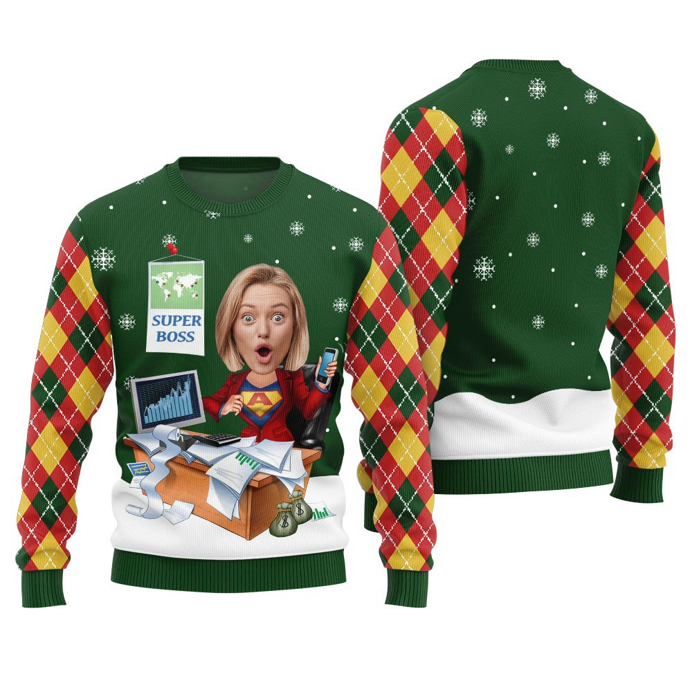 Custom Face Super Mom Ugly Christmas Sweater Green Holiday Sweaters For Men