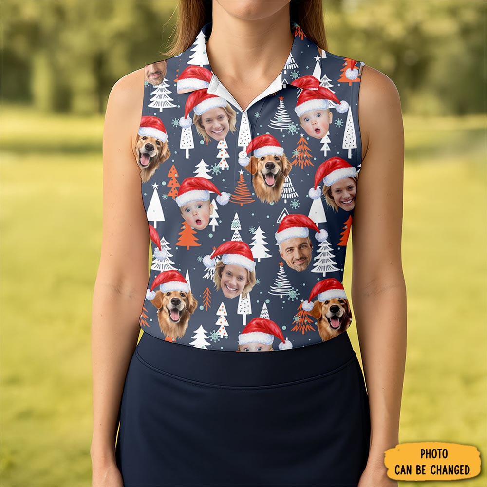 Custom Face White And Orange Xmas Pine Tree Christmas Golf Shirt Ladies Golf Tops Golf Gifts For Women