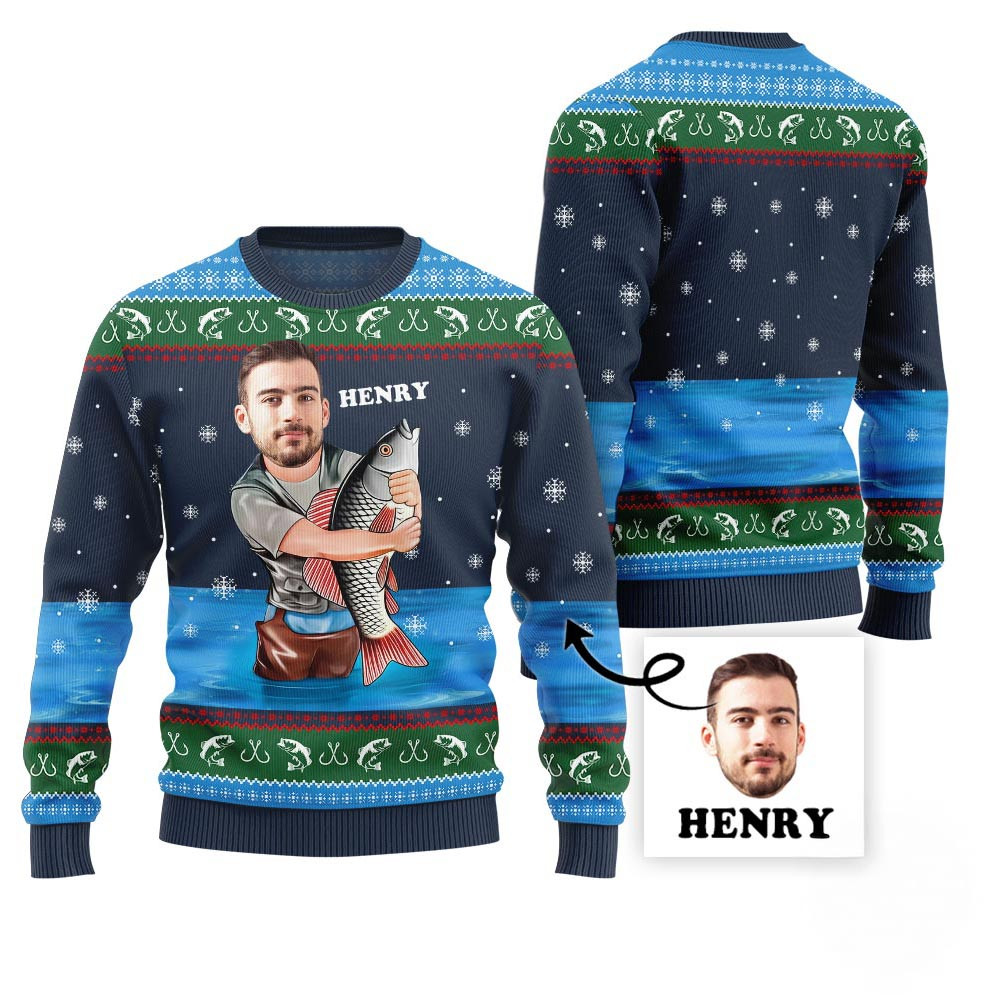 Custom Face With Name Fishing Ugly Sweater Cute Sweaters For Christmas