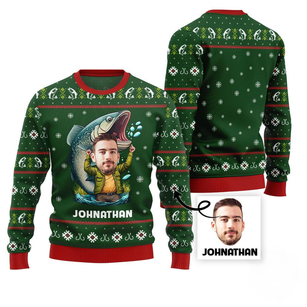 Custom Face With Name Fishing Ugly Xmas Sweater Xmas Sweaters For Family