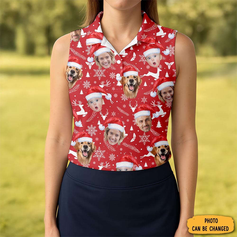 Custom Face Xmas Pattern Red Golf Shirt Christmas Golf Shirt Ladies Golf Shirts Golf Gifts For Women