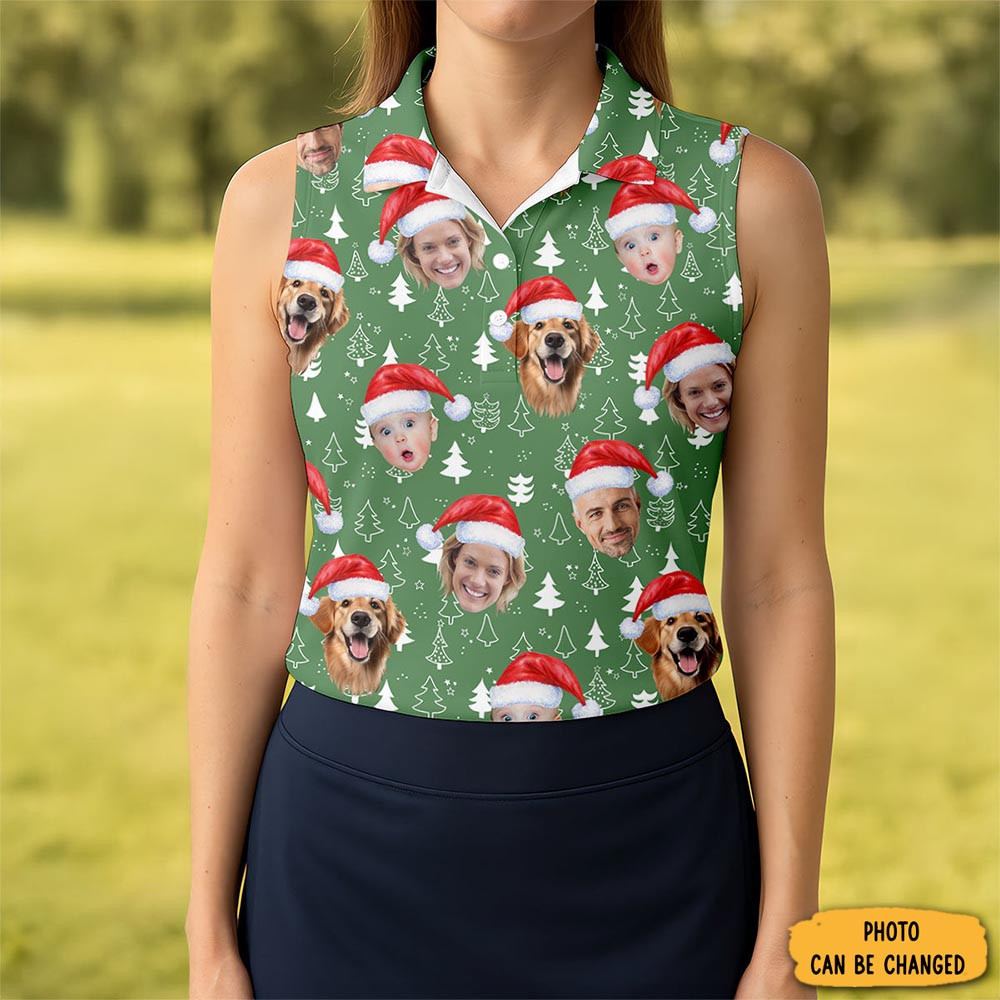 Custom Face Xmas Pine Tree Green Golf Shirt Christmas Golf Shirt Ladies Golf Shirts Golf Gifts For Women