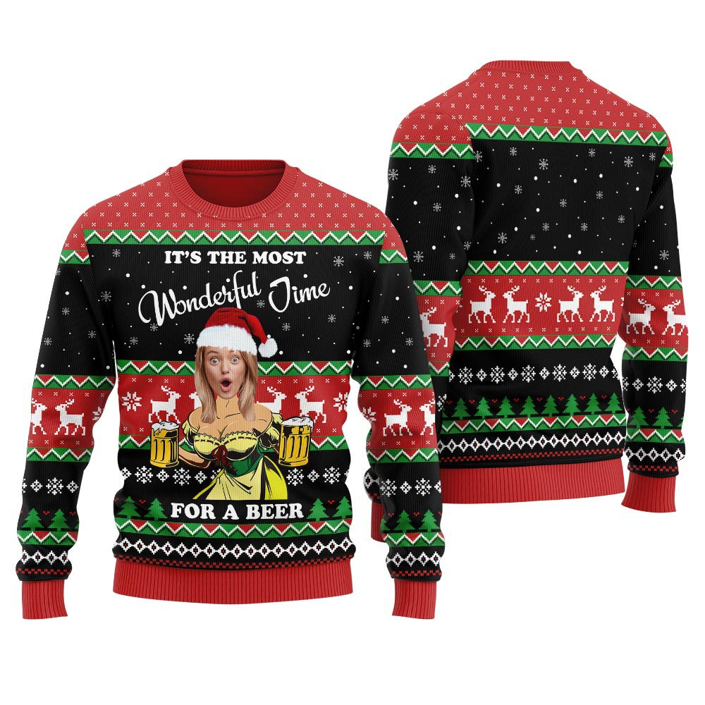 Custom Face Xmas Sweater Its The Most Wonderful Time For A Beer For Women Funny Holiday Sweater