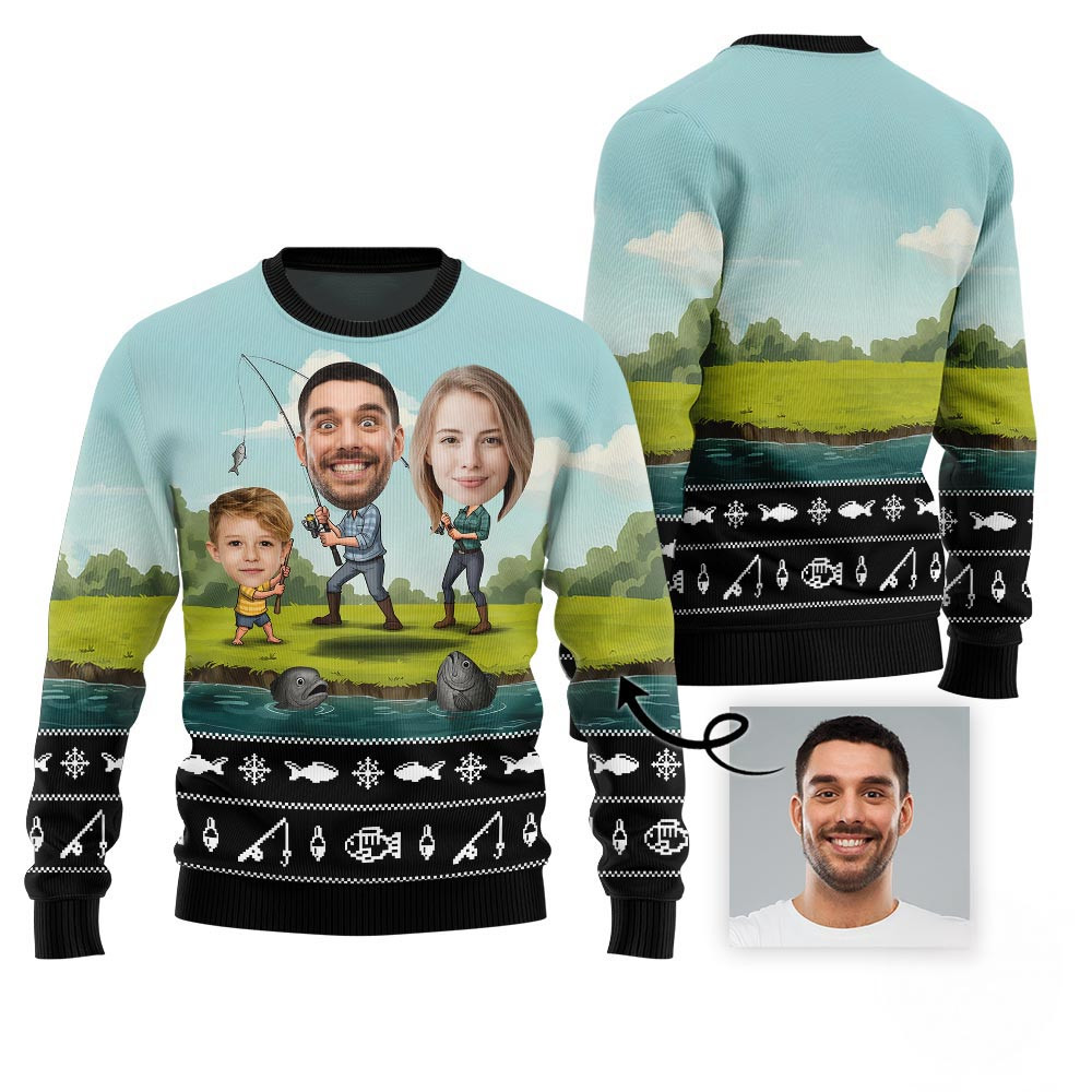 Custom Family Faces Fishing Ugly Christmas Sweater Christmas Sweaters For Men
