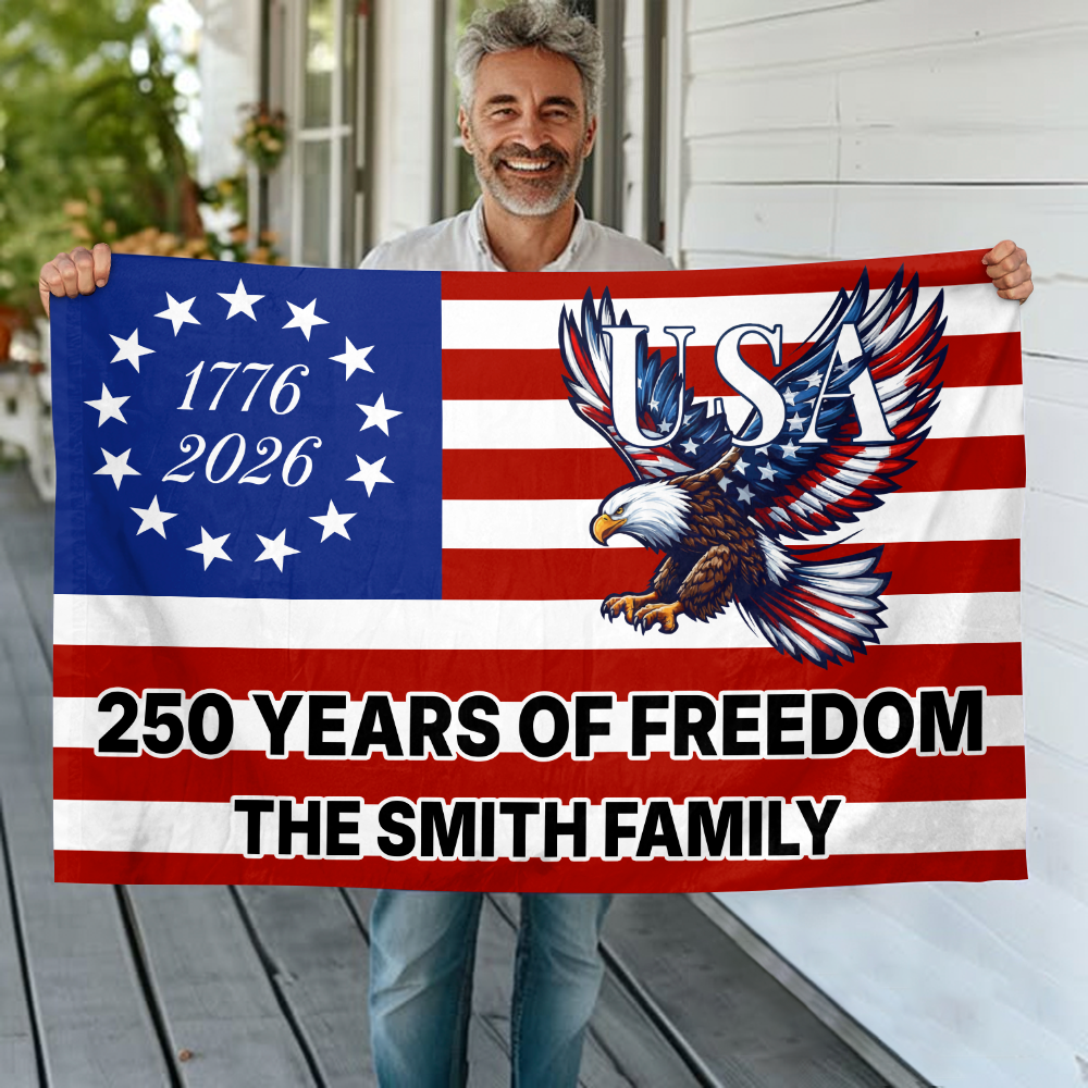 Custom Family Name 250 Years Of Freedom Eagle Patriotic 1776-2026 Banner House Flag America 250 Merchandise Patriotic Gift Ideas