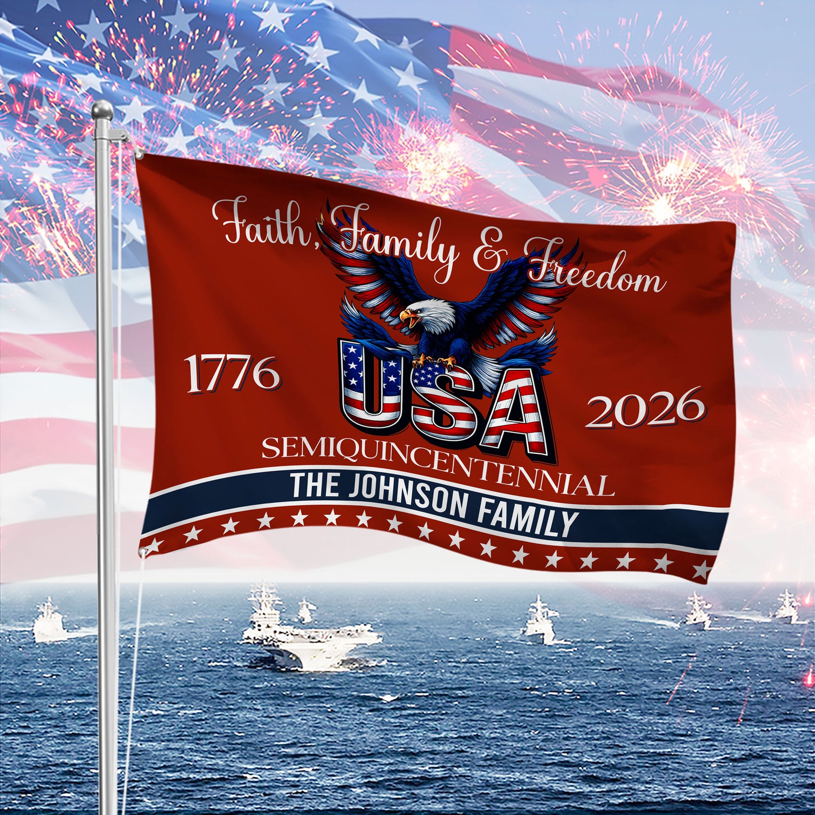 Custom Family Name Faith, Family & Freedom America 250 Years Patriotic Banner House Flag America 250 Merchandise Patriotic Gift Ideas