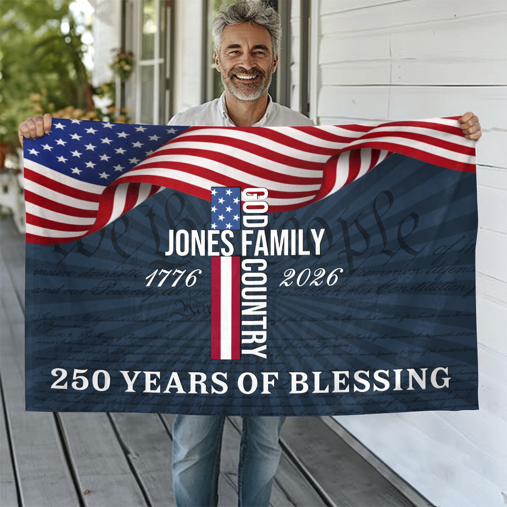 Custom Family Name Patriotic American, 250 Years Of Blessing God House Flag America 250 Merchandise Patriotic Themed Gifts