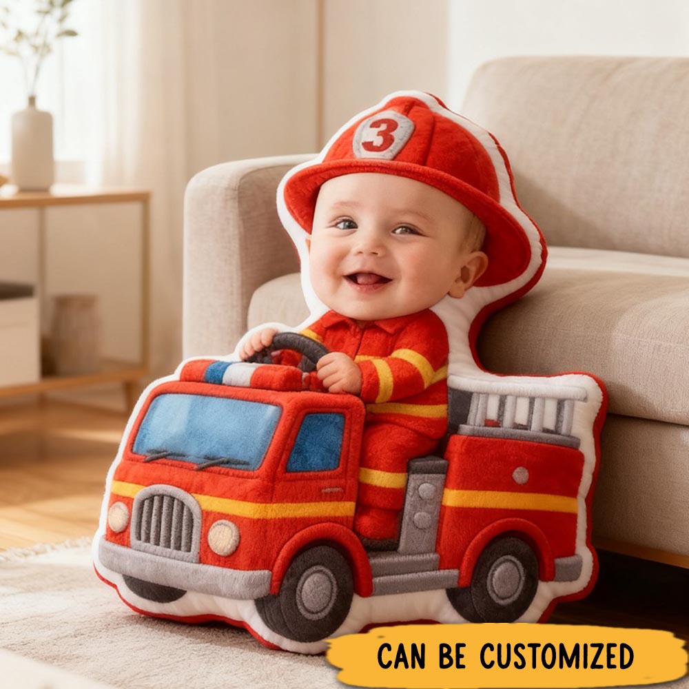 Custom Firetruck Pillow Personalized with Your Baby's Face Pillow Firefighter Gift