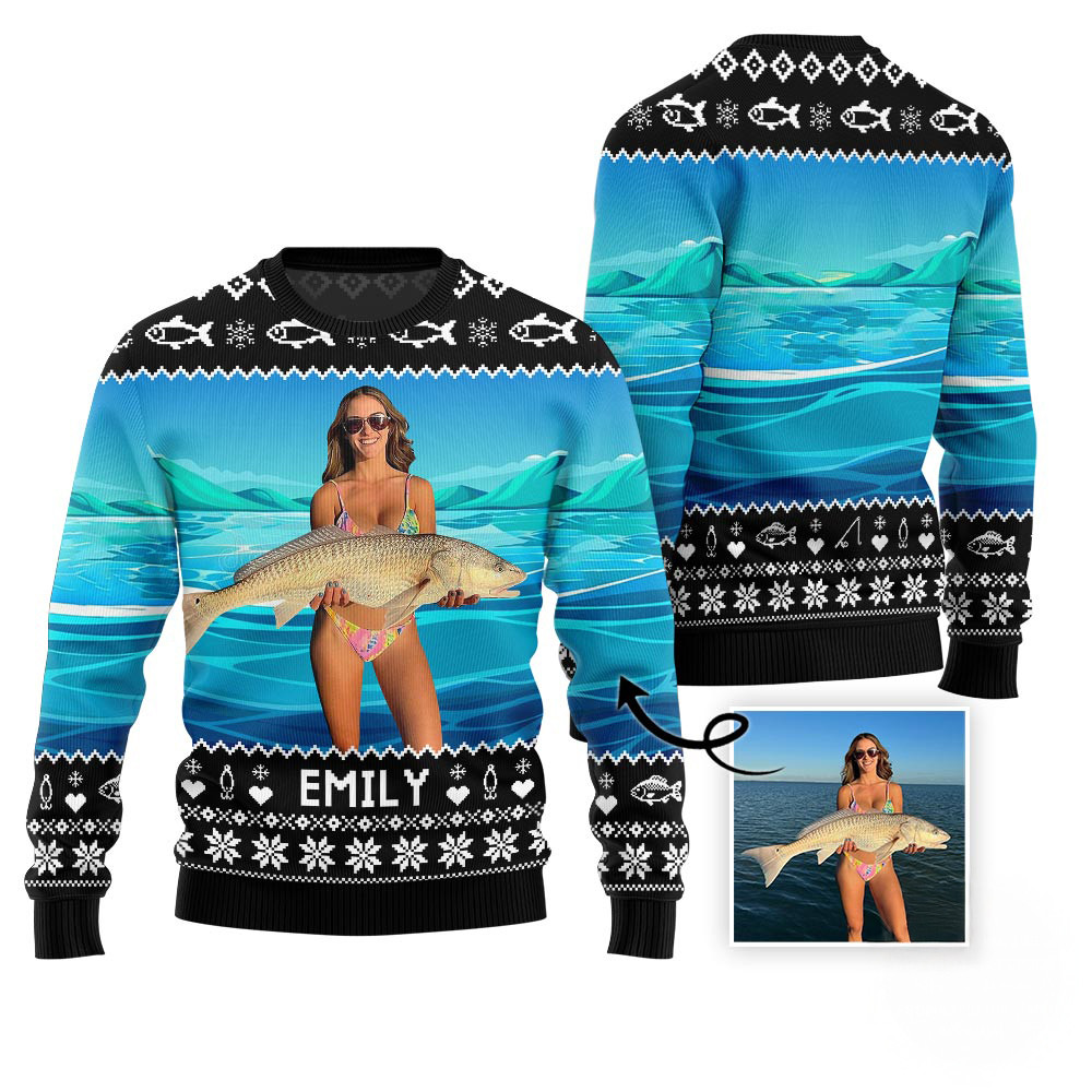 Custom Fishing Photo Ugly Christmas Sweater With Name Secret Santa Gifts For Her
