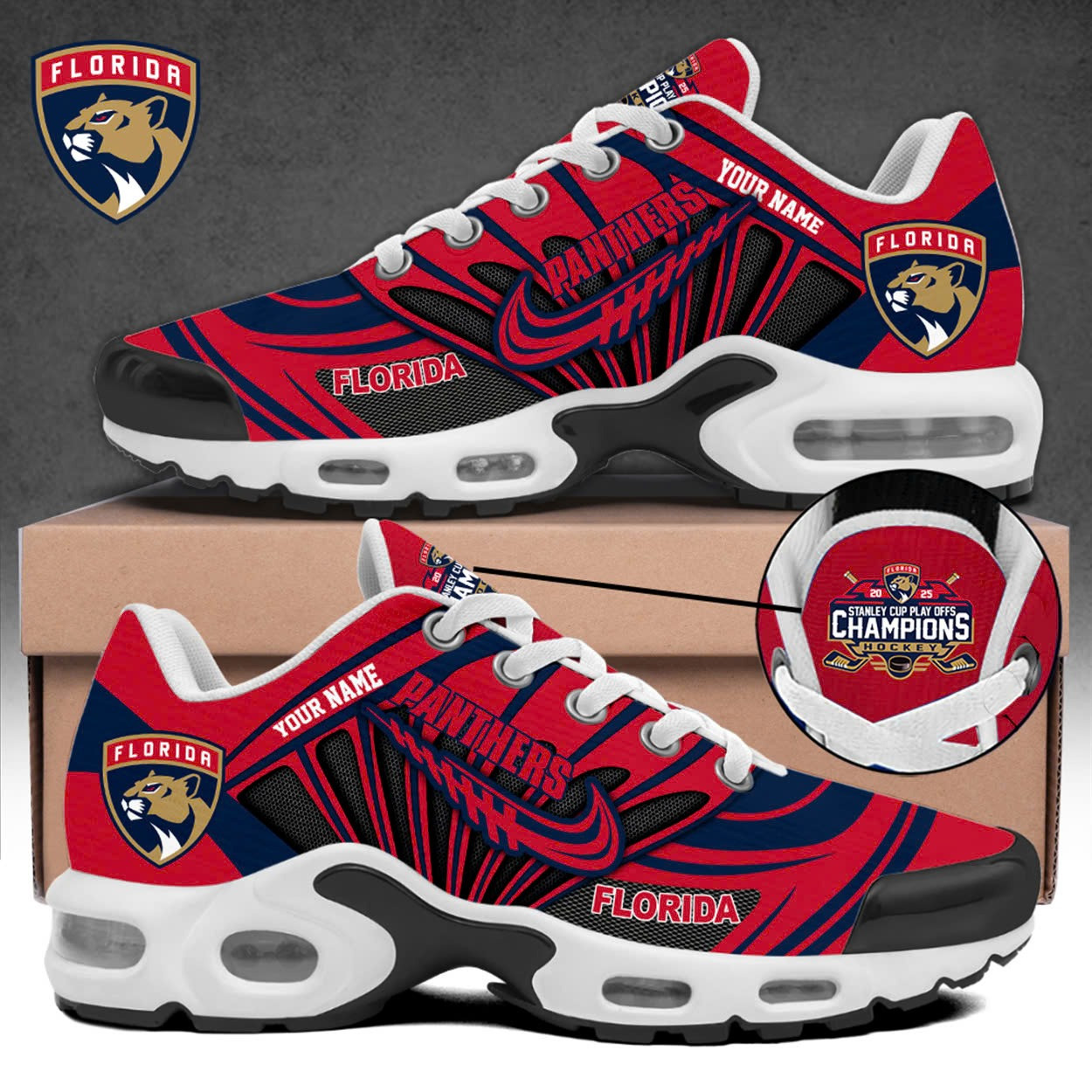 Custom Florida Panthers Stanley Cup Champions Merch 2025 Air Max Plus Shoes Hockey Fan Gear