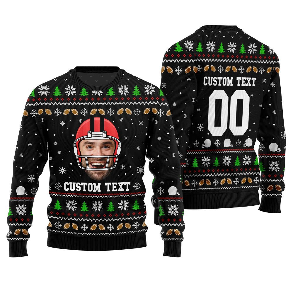 Custom Funny Face And Text Ugly Xmas Sweater For Football Team Christmas Sweaters For Men