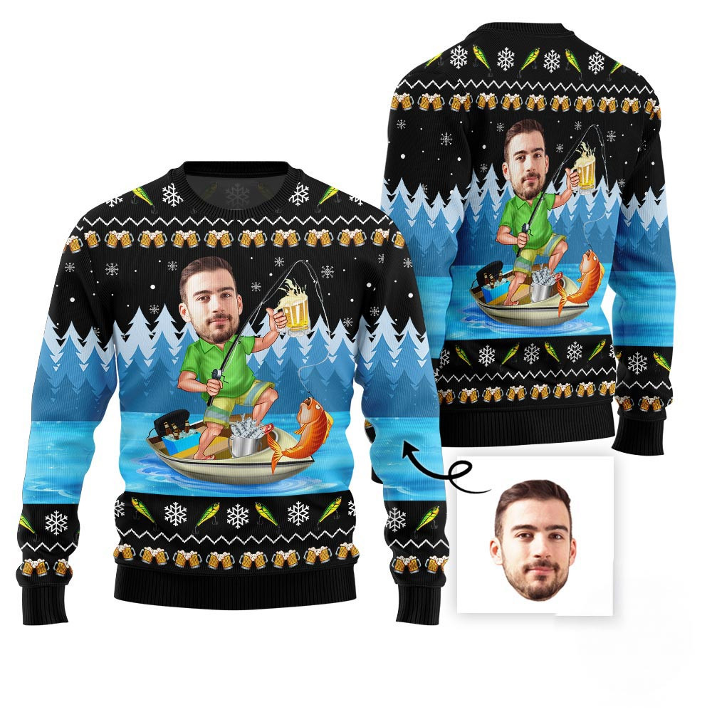 Custom Funny Face Fishing Ugly Christmas Sweater For Men
