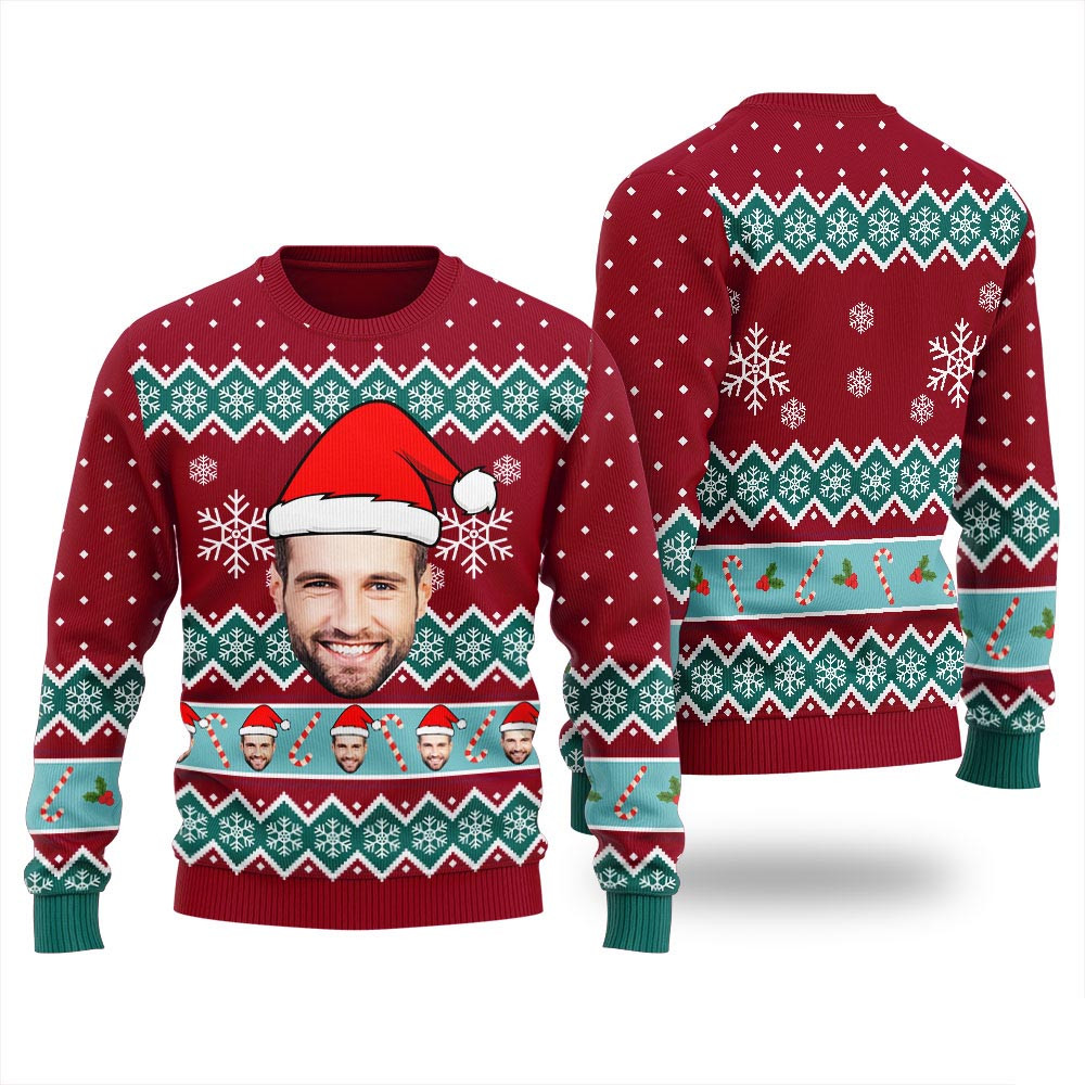 Custom Funny Face Ugly Christmas Sweaters With Candy Canes Xmas Sweaters For Women