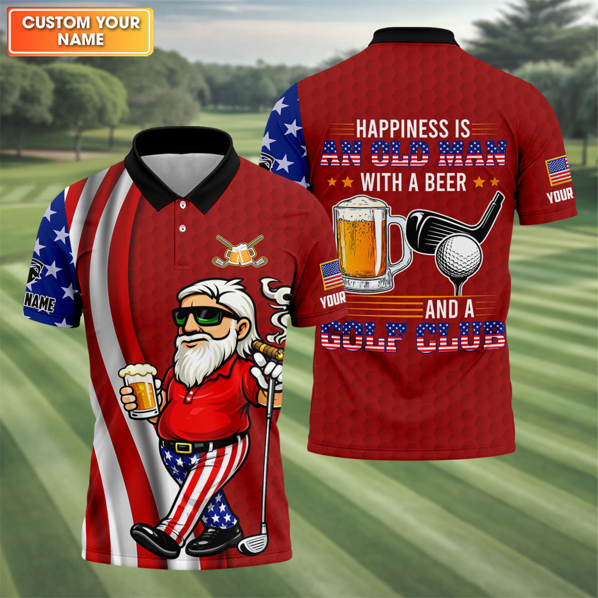 Custom Happiness Is An Old Man With A Beer Golf Polo Shirt 4Th Of July Golf Shirt Husband Gift