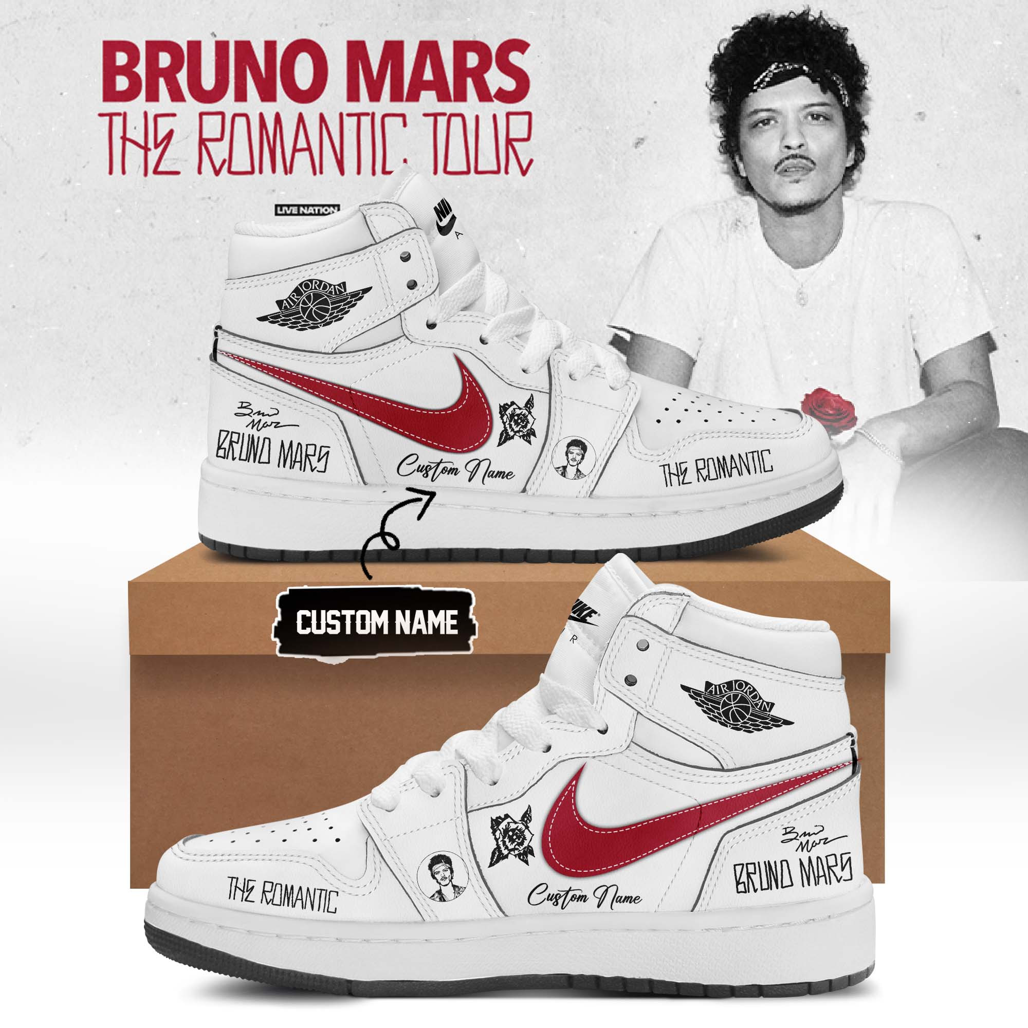Custom Hello Kitty Bruno Mars Live Shoes The Romantic Tour Item Merchandise Gift For Retro Fans