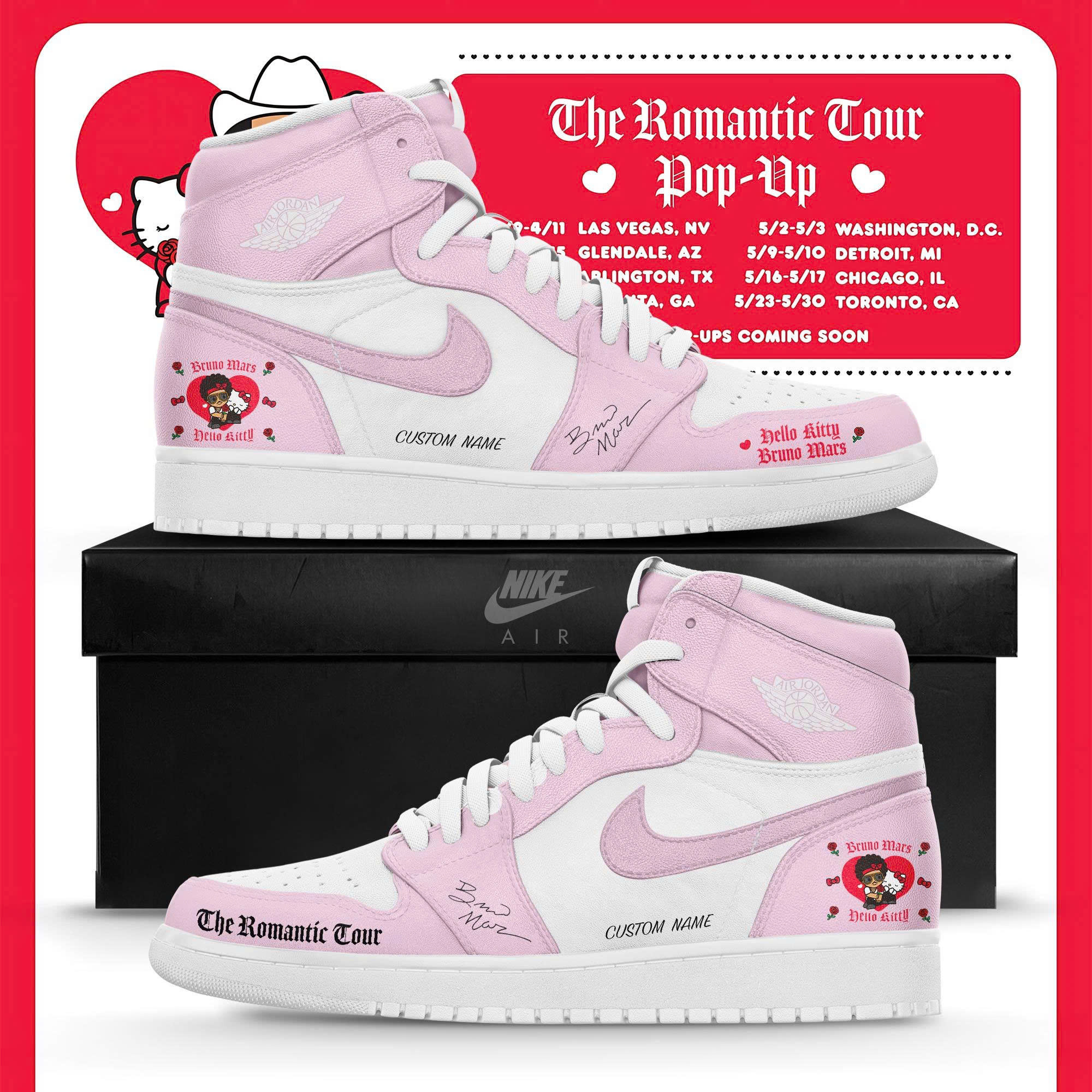 Custom Hello Kitty X Bruno Mars Shoes Romantic Tour Pop Merchandise Gift For Bruno Mars Fan