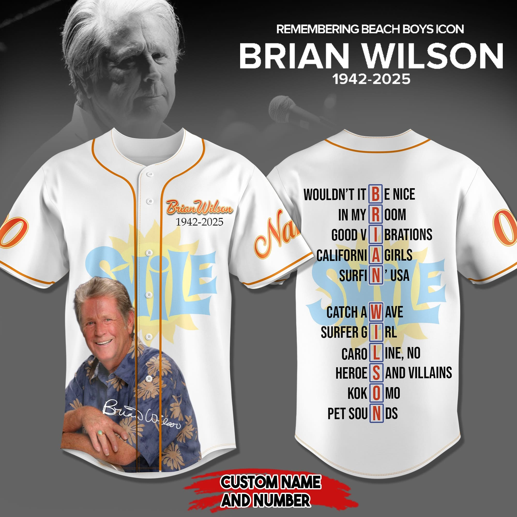 Custom In Memory Of Brian Wilson Jersey 1942 2025 RIP Legend The Beach Boys Fan Merch Gifts
