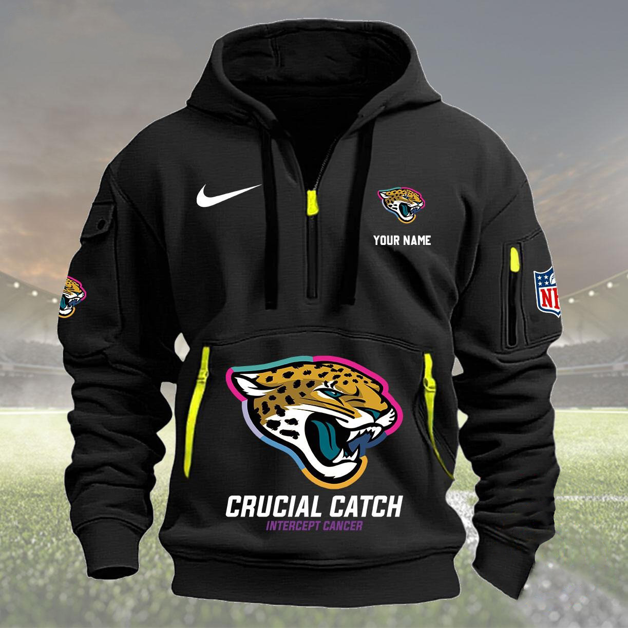 Custom Jacksonville Jaguars 2024 Quarter Zip Hoodie NFL Crucial Catch Intercept Cancer