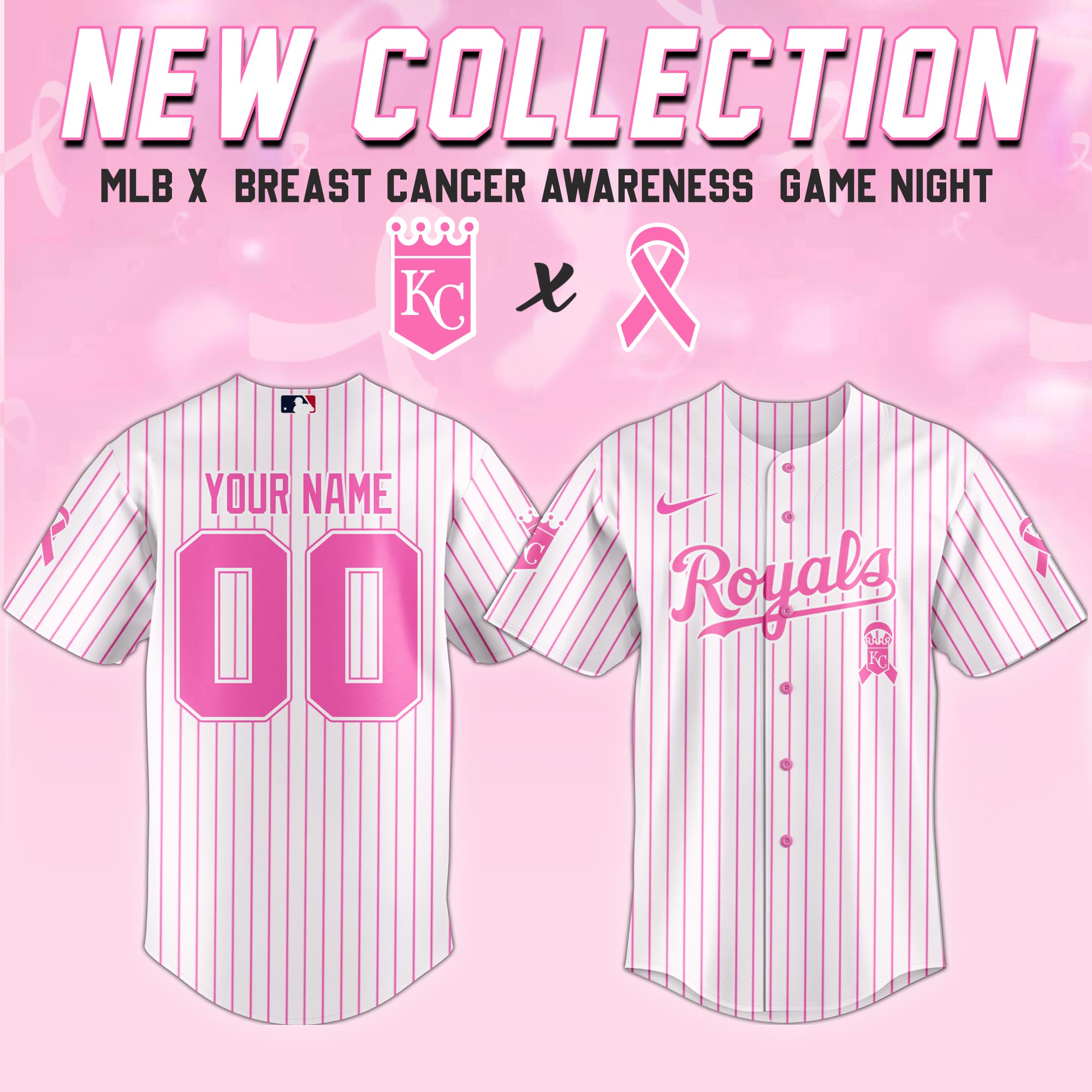 Custom Kansas City Royals x Breast Cancer Awareness Game Night Jersey Present For Baseball Lover