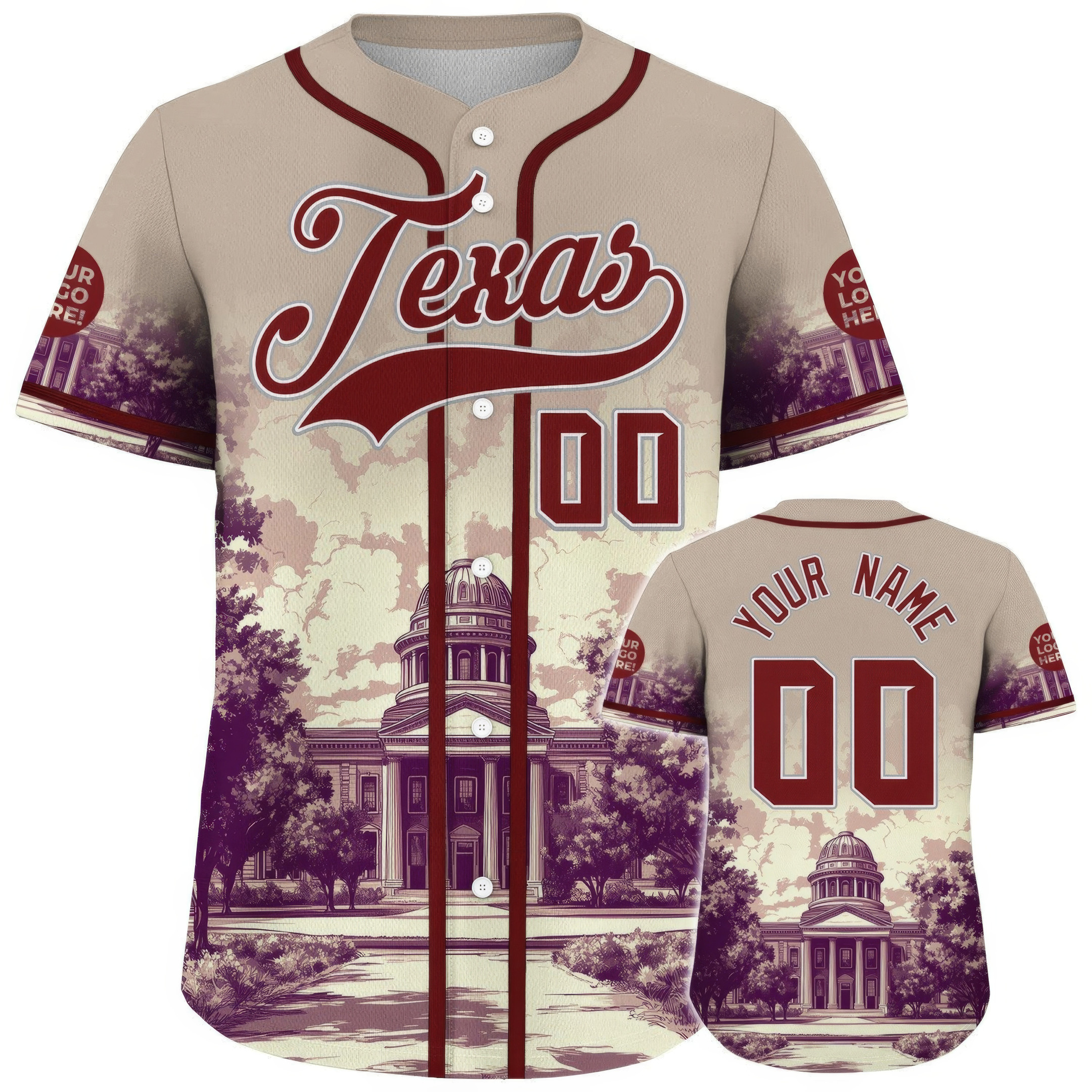 Custom Maroon Grey Texas Austin City State Capital Autumn Glory Maple Tree Baseball Jersey