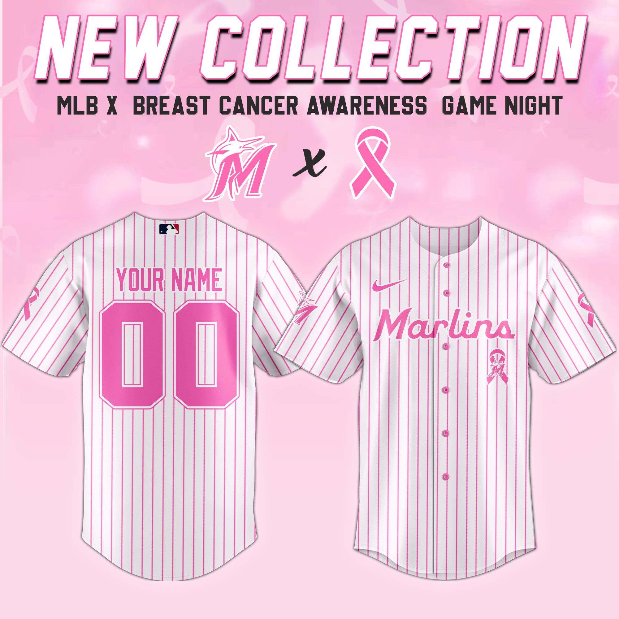 Custom Miami Marlins x Breast Cancer Awareness Game Night Jersey Present For Baseball Fans
