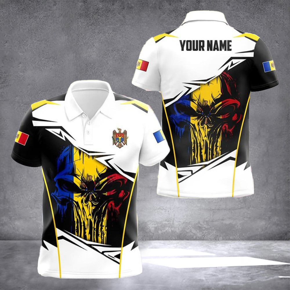 Custom Moldova Flag Skull Polo Shirt For Men Moldova Clothing Gifts For Moldovan