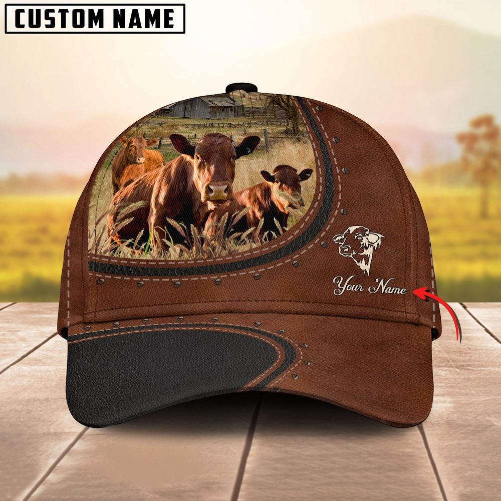 Custom Name And Beefmaster Cows Leather Pattern Classic Cap Farmer Baseball Cap Gift For Farmer